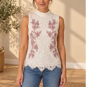White Embroidered Lace Sleeveless Mock Neck with Keyhole Back Miss Chievous